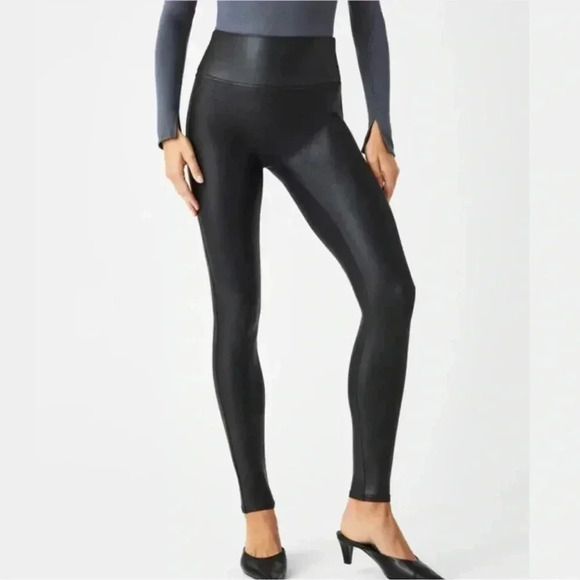 SPANX Pants - SPANXshape Faux Leather Leggings Black Stretch Shiny Size  Large